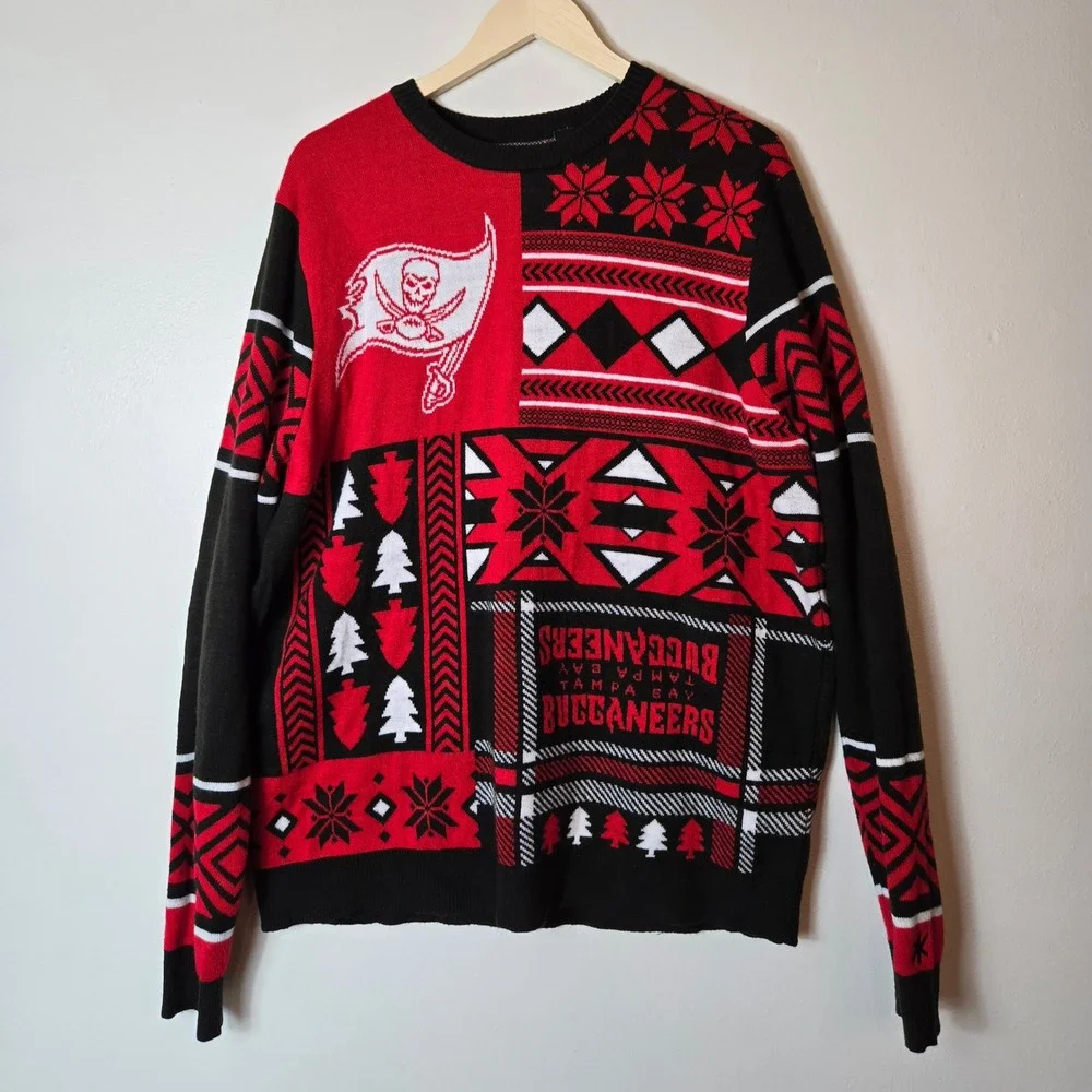 Klew Tampa Bay Buccaneers NFL Ugly Christmas Sweater Mens XL Red Black Patchwork